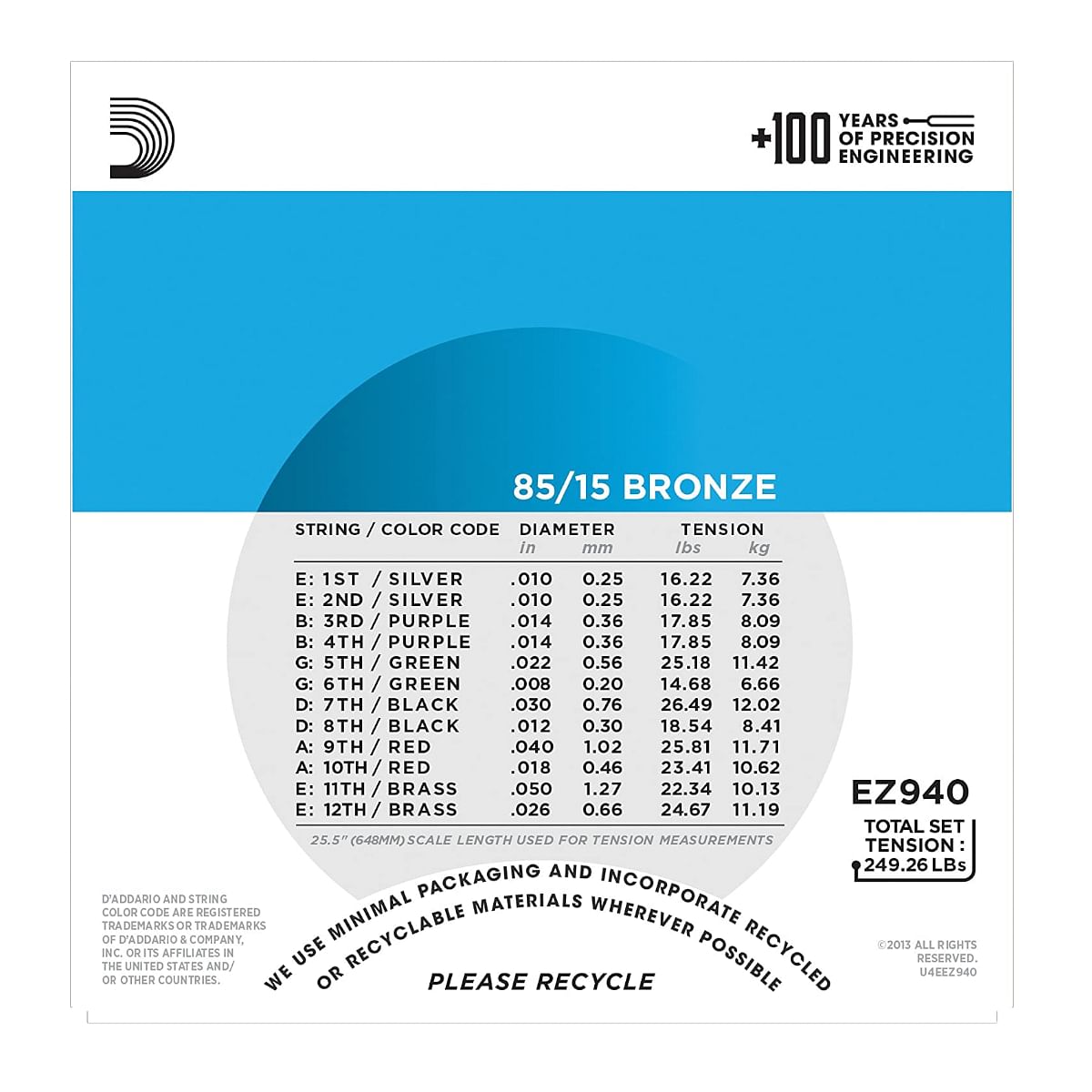 D Addario Acoustic 12 String Guitar Strings .010 Set EZ940
